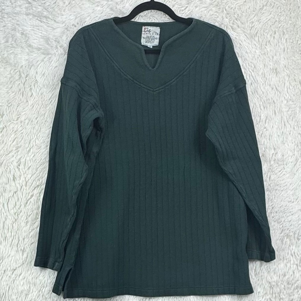 Vintage 90s Only In USA Woman's Green Ribbed Cotton V Neck Shirt Men's M